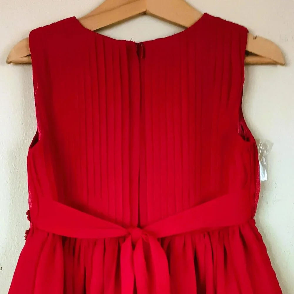 American Princess Red Chiffon Dress 5 Pleated with Floral Beaded Waist Christmas